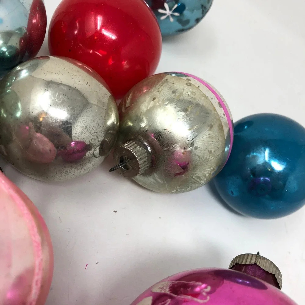 Vintage Mercury Glass Christmas Ornaments Lot of 17 Reflector UFO Teardrop